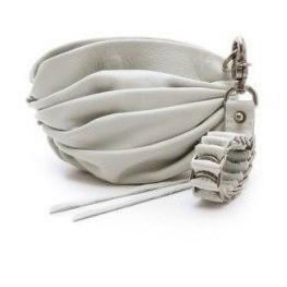 David Galan White Leather Drawstring Pouch with Silver Hardware